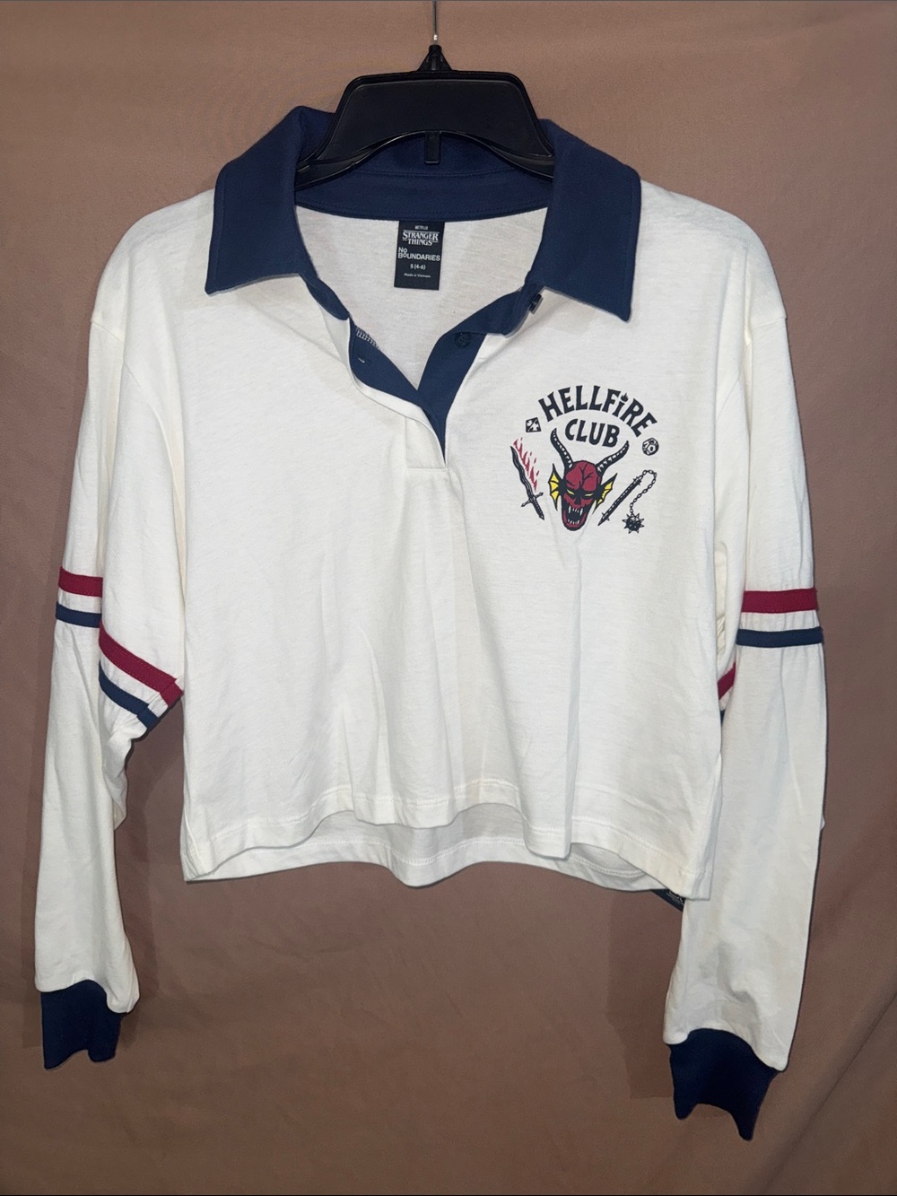 NWT Women’s Small Netflix White Navy Hellfire Club Cropped Rugby Tee